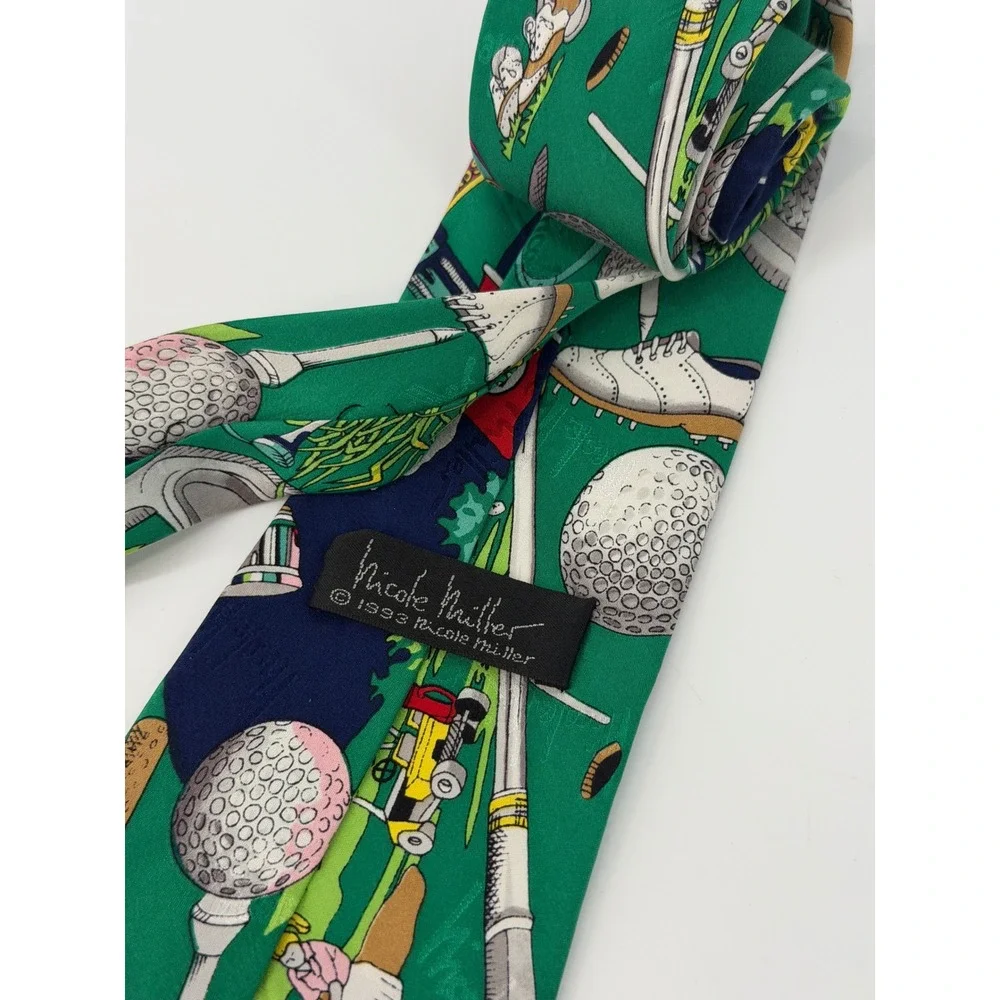 Nicole Miller Mens Vintage 1993 Golf Novelty Silk Tie Green‎ Navy Blue Sports
